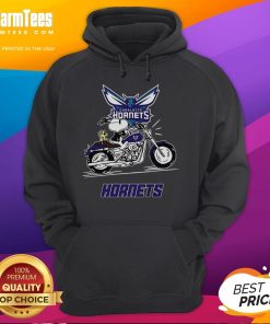 Good Snoopy and Woodstock riding a motorbike in a Charlotte Hornets hoodie, showcasing fun cartoon style.