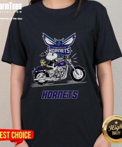 Snoopy and Woodstock riding a motorbike on a Charlotte Hornets ladies tee, perfect for fans and fashion lovers.