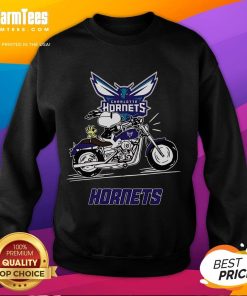 Good Snoopy and Woodstock driving a motorbike on a Charlotte Hornets sweatshirt, colorful and playful design.