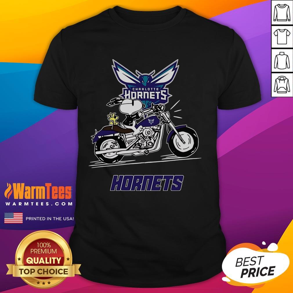 Good Snoopy And Woodstock Driving Motorbike Charlotte Hornets T Shirt Alt Text: Good Snoopy and Woodstock driving a motorbike on a Charlotte Hornets T-Shirt, showcasing playful and vibrant design.