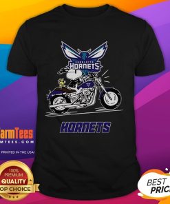 Alt Text: Good Snoopy and Woodstock driving a motorbike on a Charlotte Hornets T-Shirt, showcasing playful and vibrant design.
