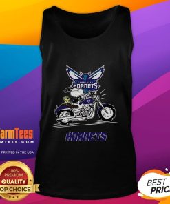 Good Snoopy and Woodstock riding a motorbike, wearing a Charlotte Hornets tank top, fun cartoon style.