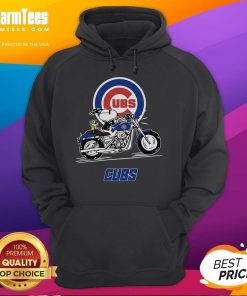 Alt Text: Good Snoopy and Woodstock riding a motorbike in a Chicago Cubs hoodie, showcasing a fun, playful scene.