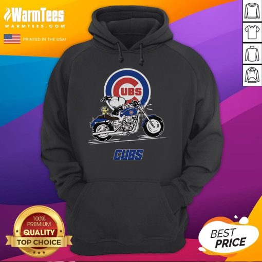 Alt Text: Good Snoopy and Woodstock riding a motorbike in a Chicago Cubs hoodie, showcasing a fun, playful scene.