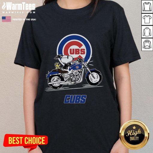 Good Snoopy and Woodstock driving a motorbike on a Chicago Cubs ladies tee, perfect for fans and casual wear.
