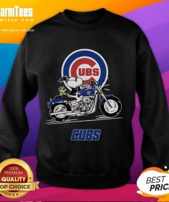 Alt Text: Good Snoopy and Woodstock driving a motorbike in a Chicago Cubs sweatshirt, playful cartoon design.