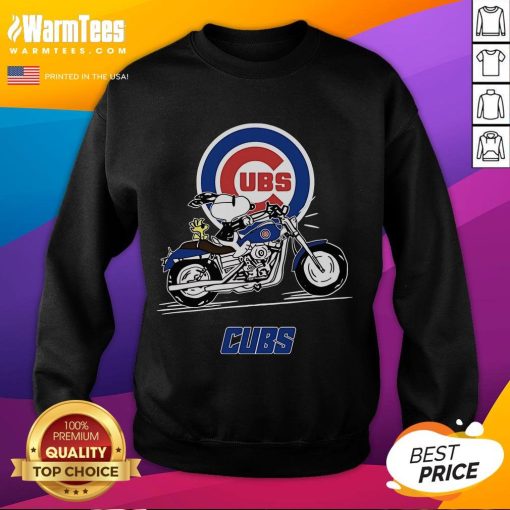 Alt Text: Good Snoopy and Woodstock driving a motorbike in a Chicago Cubs sweatshirt, playful cartoon design.