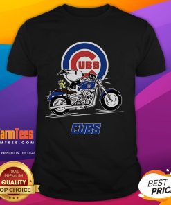 Alt Text: Good Snoopy and Woodstock riding a motorbike on a Chicago Cubs T-shirt, perfect for fans of baseball and classic cartoons.