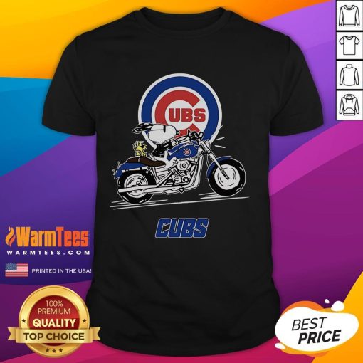 Alt Text: Good Snoopy and Woodstock riding a motorbike on a Chicago Cubs T-shirt, perfect for fans of baseball and classic cartoons.