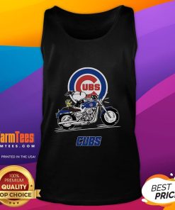 Snoopy and Woodstock riding a motorbike in a Chicago Cubs tank top, showcasing fun cartoon character style.