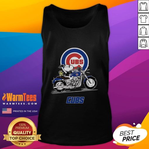 Snoopy and Woodstock riding a motorbike in a Chicago Cubs tank top, showcasing fun cartoon character style.