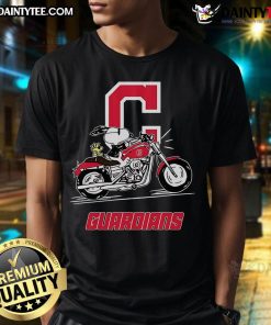 Good Snoopy and Woodstock riding a motorbike on a Cleveland Guardians T-shirt, vibrant cartoon design for fans.