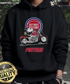 Snoopy and Woodstock joyfully riding a motorbike in a Detroit Pistons hoodie, showcasing fun cartoon style and team spirit.