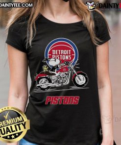 Good Snoopy and Woodstock riding a motorbike on a Detroit Pistons ladies tee, perfect for fans and casual wear.