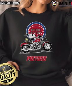 Good Snoopy and Woodstock driving a motorbike on a Detroit Pistons sweatshirt, playful and vibrant design.