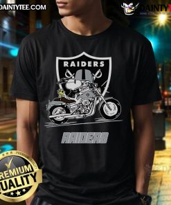 Good Snoopy and Woodstock riding a motorbike on a Las Vegas Raiders T-shirt, showcasing playful cartoon art.