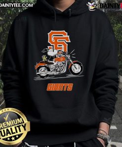 Good Snoopy and Woodstock driving a motorbike, wearing San Francisco Giants hoodie, showcasing fun cartoon adventure.