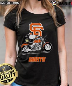 Good Snoopy and Woodstock riding a motorbike on a San Francisco Giants ladies tee, showcasing fun sports apparel.