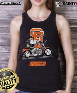 Snoopy and Woodstock riding a motorbike, wearing San Francisco Giants tank top, showcasing a fun, playful moment.