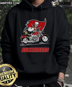 Snoopy and Woodstock riding a motorbike in a Tampa Bay Buccaneers hoodie, showcasing playful NFL fandom.