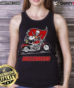 Good Snoopy and Woodstock driving a motorbike in a Tampa Bay Buccaneers tank top, showcasing their playful spirit.