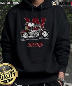 Alt Text: Good Snoopy and Woodstock driving a motorbike in Washington, featured on a trendy hoodie design.
