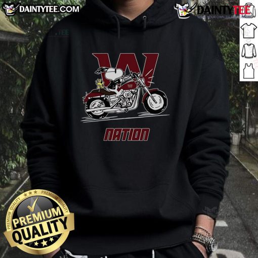 Alt Text: Good Snoopy and Woodstock driving a motorbike in Washington, featured on a trendy hoodie design.