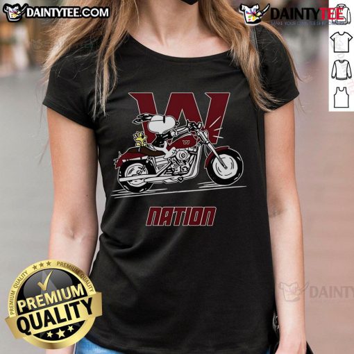 Good Snoopy and Woodstock riding a motorbike in Washington on a ladies tee, perfect for Peanuts fans and casual wear.