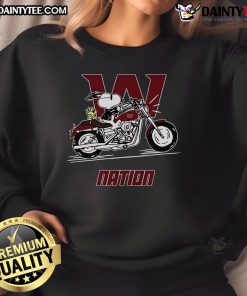 Good Snoopy and Woodstock driving a motorbike on a Washington Nation sweatshirt, perfect for Peanuts fans.