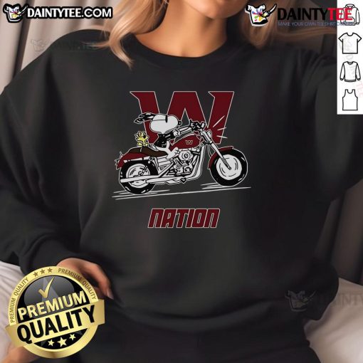 Good Snoopy and Woodstock driving a motorbike on a Washington Nation sweatshirt, perfect for Peanuts fans.