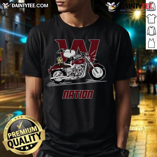 Good Snoopy and Woodstock riding a motorbike on a Washington Nation T-shirt, perfect for Peanuts fans and casual wear.
