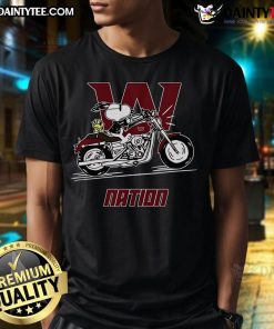 Good Snoopy and Woodstock riding a motorbike on a Washington Nation T-shirt, perfect for Peanuts fans and casual wear.