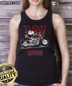 Snoopy and Woodstock joyfully riding a motorbike in Washington, wearing a fun tank top design.