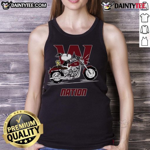 Snoopy and Woodstock joyfully riding a motorbike in Washington, wearing a fun tank top design.