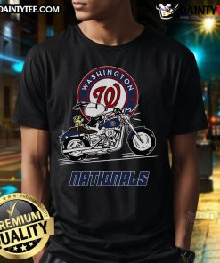 Good Snoopy and Woodstock driving a motorbike on a Washington Nationals T-shirt, perfect for baseball fans and collectors.