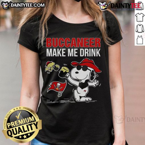 Good Snoopy and Woodstock Tampa Bay Buccaneers Make Me Drink ladies tee featuring fun graphics and team spirit.