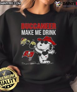 Good Snoopy and Woodstock Tampa Bay Buccaneers Make Me Drink sweatshirt featuring vibrant graphics and sports theme.