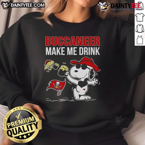 Good Snoopy and Woodstock Tampa Bay Buccaneers Make Me Drink sweatshirt featuring vibrant graphics and sports theme.