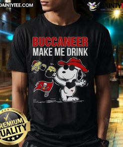Good Snoopy and Woodstock Tampa Bay Buccaneers 'Make Me Drink' T-shirt featuring playful cartoon design for fans.
