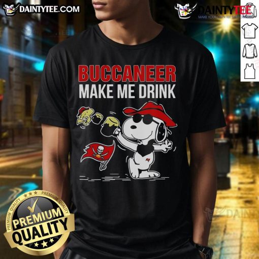 Good Snoopy and Woodstock Tampa Bay Buccaneers 'Make Me Drink' T-shirt featuring playful cartoon design for fans.