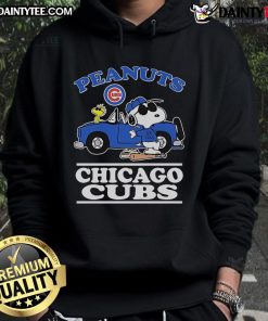 Good Snoopy and Woodstock Peanuts x Chicago Cubs Joe Cool car hoodie featuring vibrant graphics and cozy design.