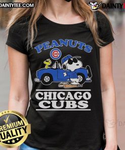 Alt Text: Good Snoopy and Woodstock Peanuts x Chicago Cubs Joe Cool car ladies tee featuring vibrant graphics.