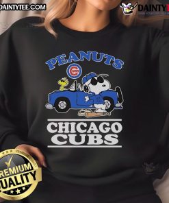 Good Snoopy and Woodstock Peanuts X Chicago Cubs Joe Cool car sweatshirt featuring vibrant graphics and cozy design.