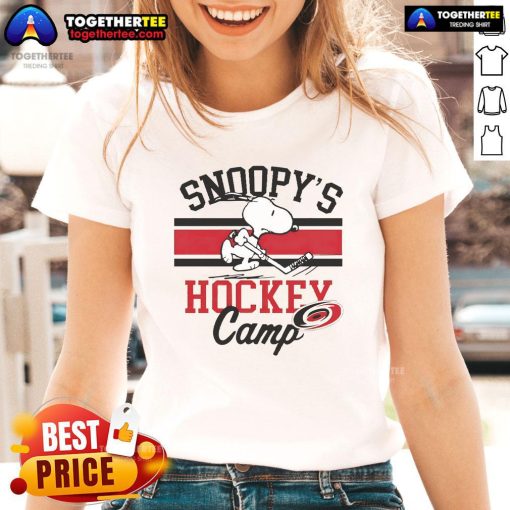 Good Snoopy Carolina Hurricanes Snoopy's Camp Ladies Tee featuring a playful Snoopy design for hockey fans.
