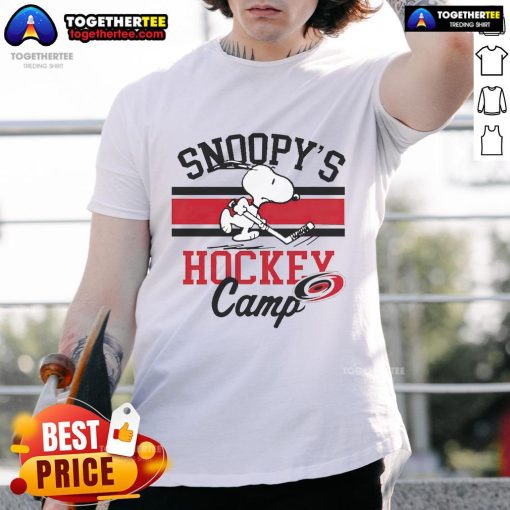 Alt Text: Good Snoopy Carolina Hurricanes Snoopys Camp T-Shirt featuring a playful Snoopy design, perfect for hockey fans.