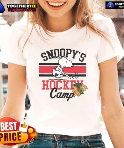 Good Snoopy Chicago Blackhawks Camp Snoopy NHL ladies tee featuring Snoopy in team colors and logo.