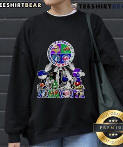Cozy Good Snoopy sweatshirt featuring Minnesota Twins, Vikings, Wild, and Timberwolves logos, perfect for sports fans.