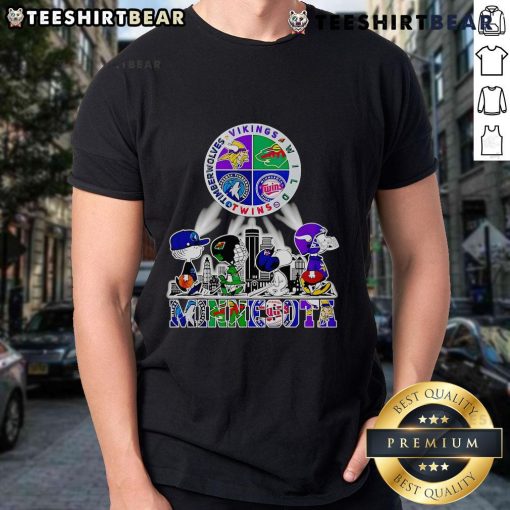Good Snoopy Minnesota Twins, Vikings, Wild, Timberwolves T-Shirt featuring cartoon Snoopy in team colors and logos.