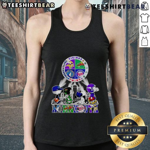 Good Snoopy tank top featuring Minnesota Twins, Vikings, Wild, and Timberwolves logos for sports fans.