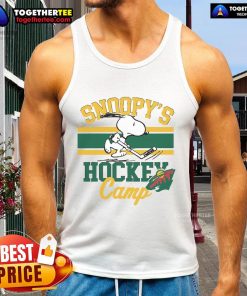 Snoopy wearing a Minnesota Wild jersey at Snoopy's Hockey Camp, promoting NHL teams on a stylish tank top.